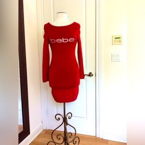 Bebe Off the Shoulder Knit Red Dress